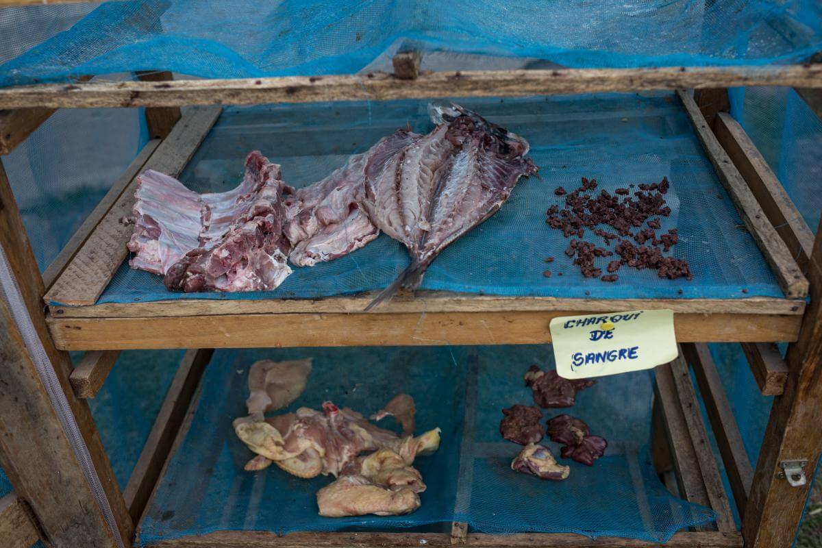 Pescados y carne en el secadero para preparar charqui 