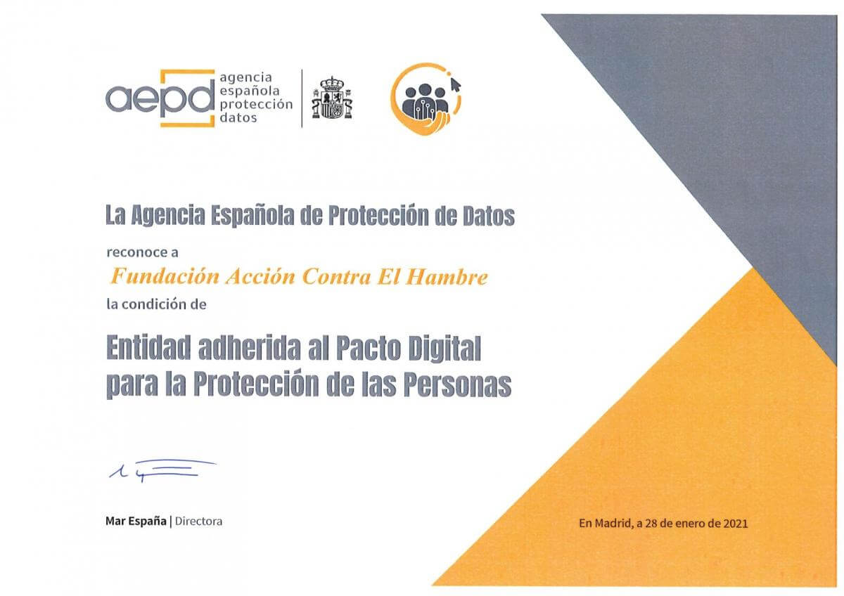 Certificado de Acción contra el Hambre como integrante del Pacto Digital para la Protección de las Personas.