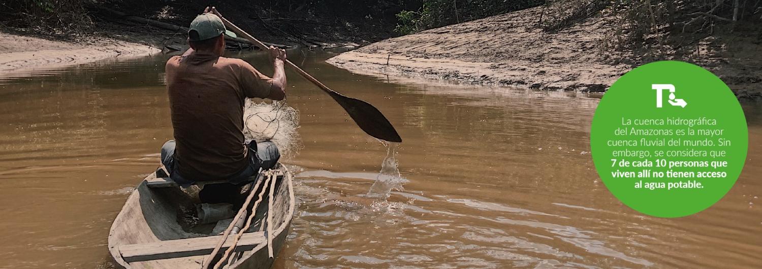 equipo de acción contra el hambre atraviesa un río en la Amazonía en canoa